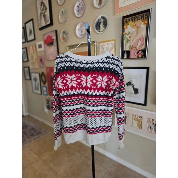 Abercrombie Fitch Fair Isle Snowflake Sweater Red Black Beige Womens M - Picture 3 of 5